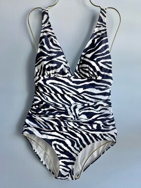Anne Cole Women's Navy Blue & White V-Neck Shirred One-Piece Swimsuit Size 8